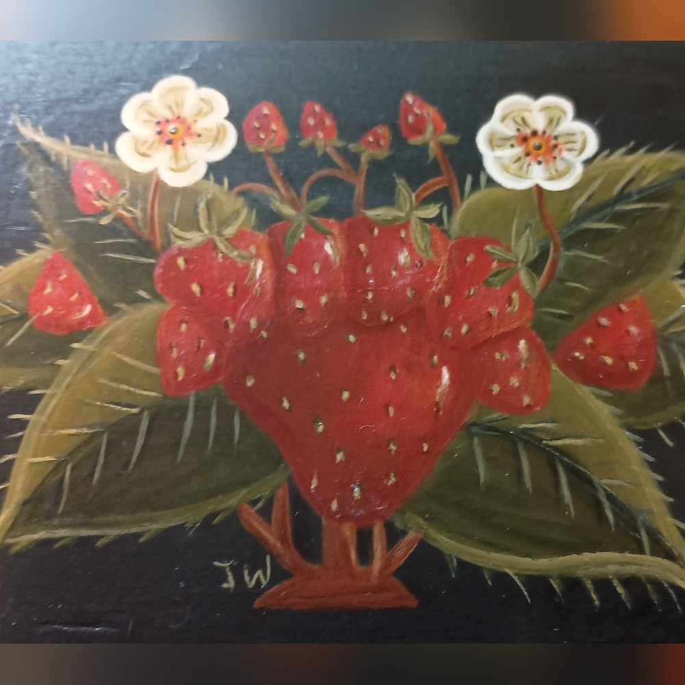 3/$15 Vintage Folk Art Hand Painted Strawberry Floral Wood Box, J. Wilkinson - Picture 2 of 11